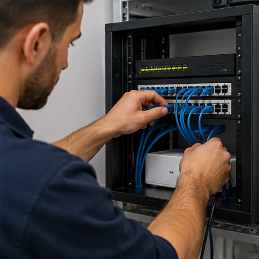 Τεχνικός οργανώνει καλώδια Ethernet